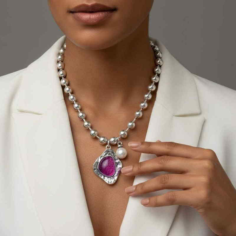 Short Ball Necklace Purple Pendant Ball Silver Necklace Purple Pendant